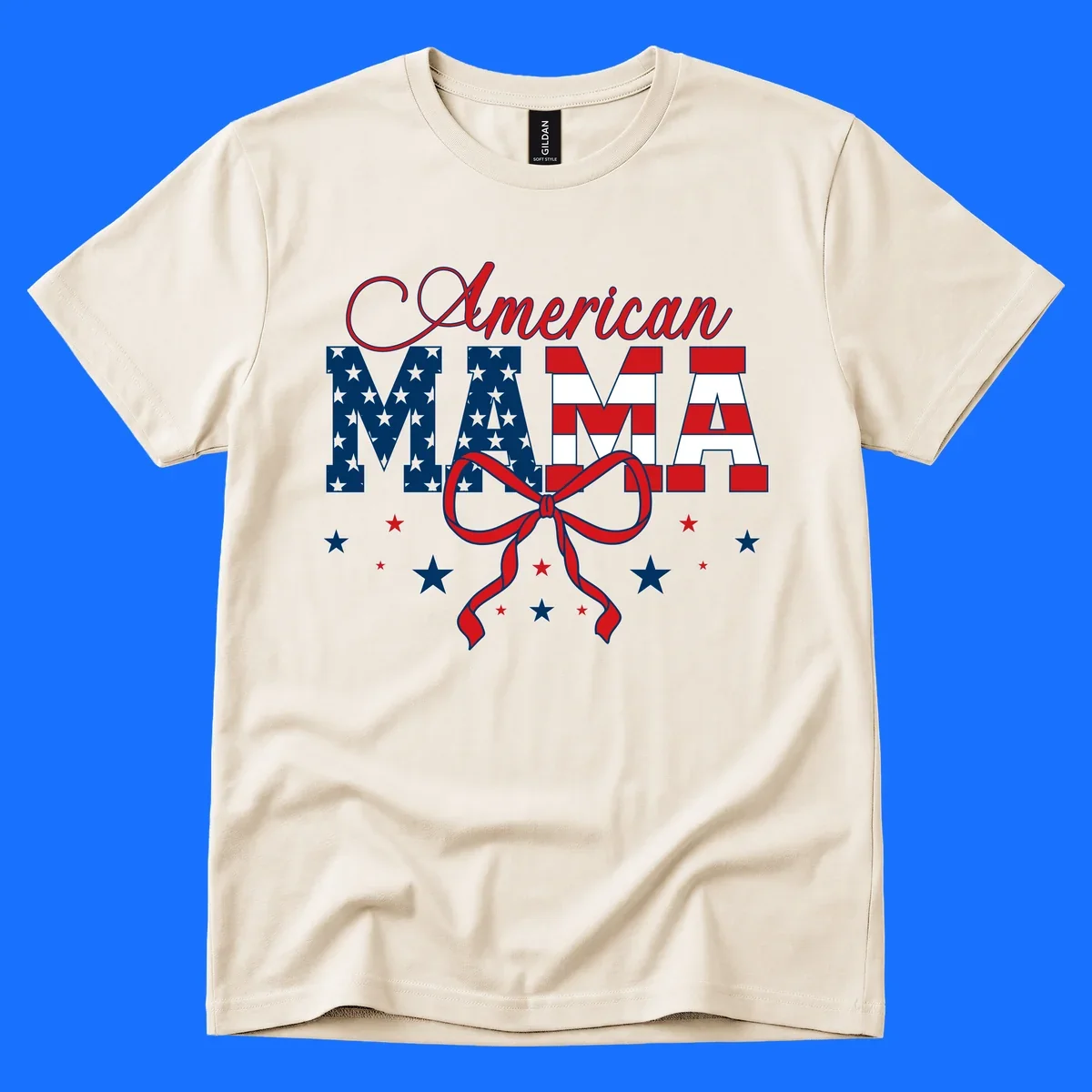 A patriotic design featuring 'American Mama' in red, white, and blue, with stars, stripes, and a bow. Includes the american-mama-patriotic-stars concept.