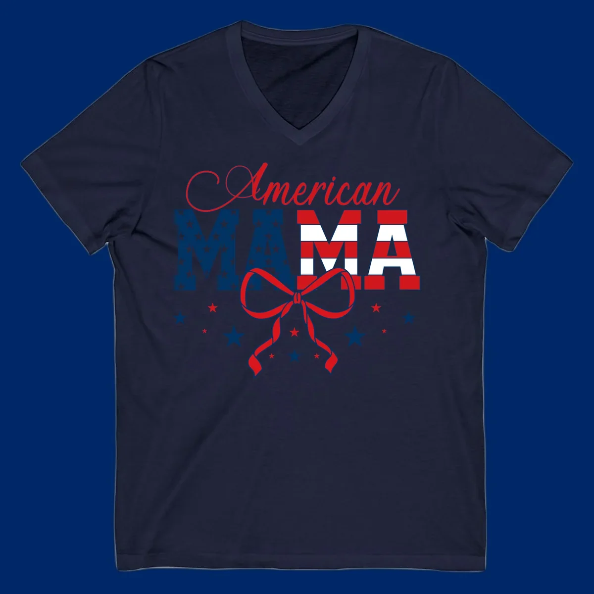 A patriotic design featuring 'American Mama' in red, white, and blue, with stars, stripes, and a bow. Includes the american-mama-patriotic-stars concept.