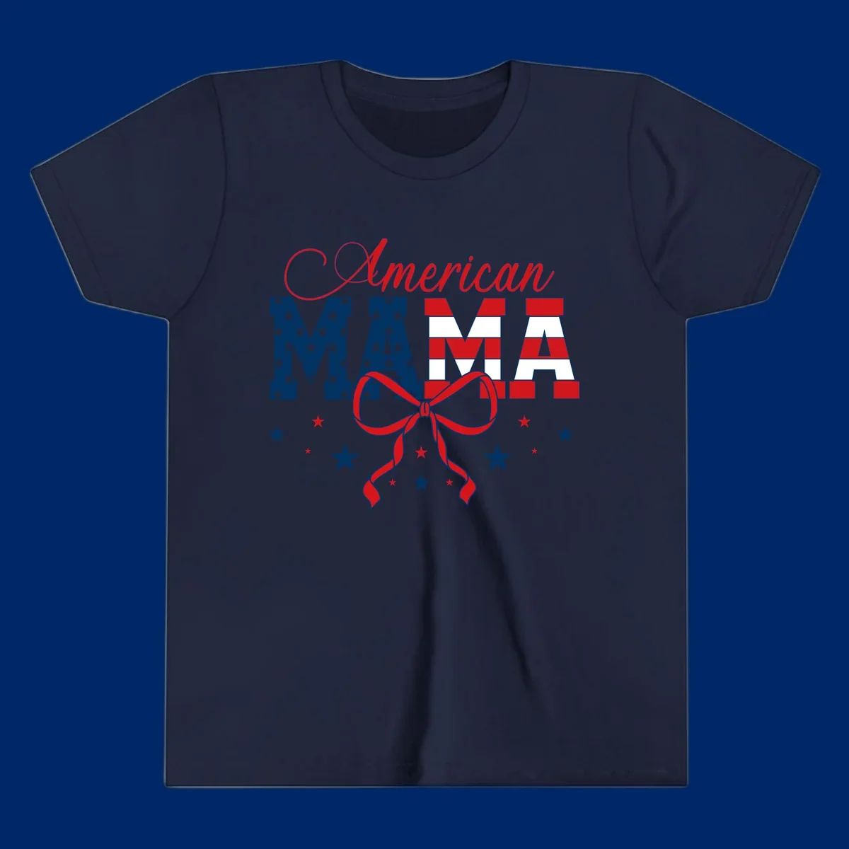 A patriotic design featuring 'American Mama' in red, white, and blue, with stars, stripes, and a bow. Includes the american-mama-patriotic-stars concept.