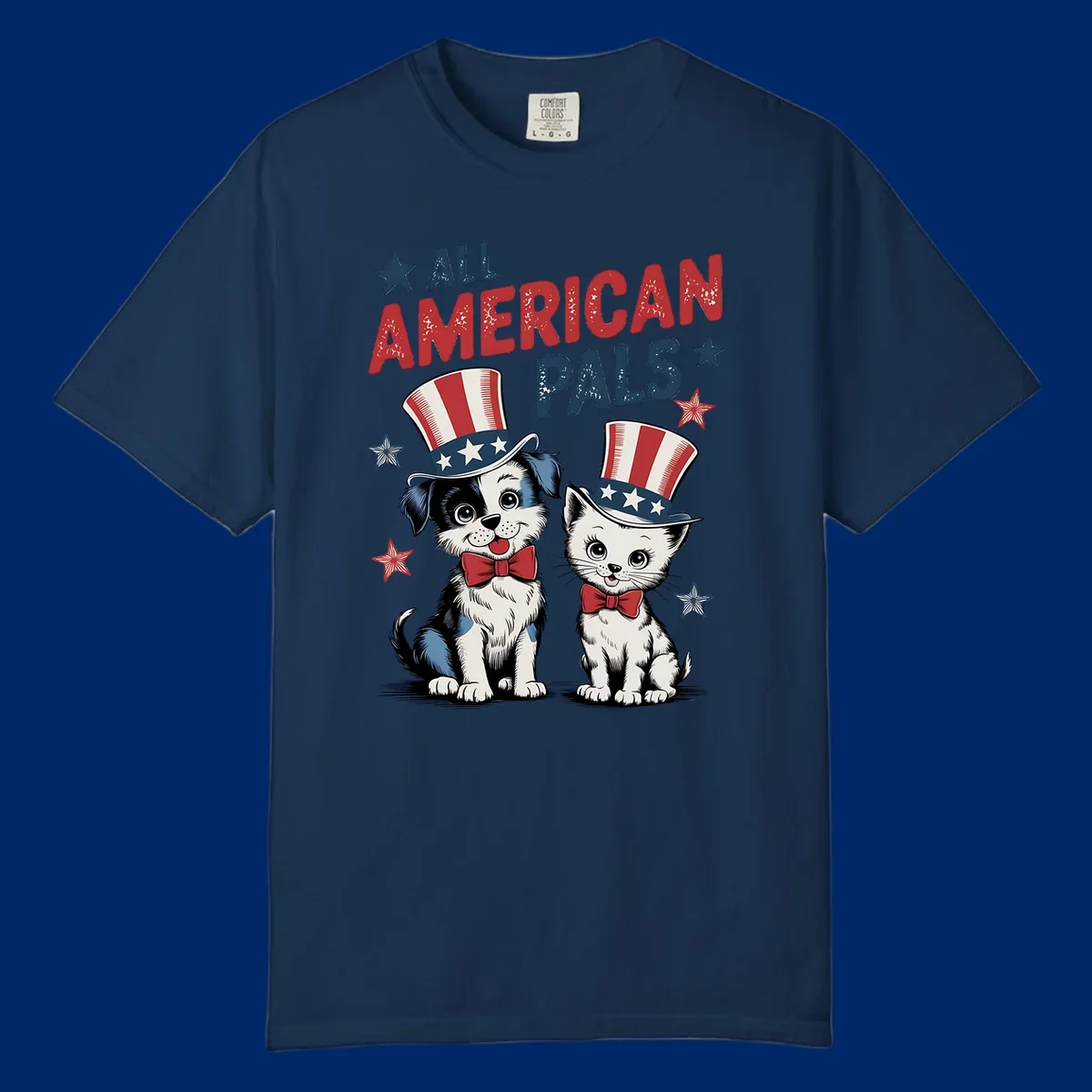 Illustration of a puppy and kitten wearing Uncle Sam hats and bow ties, with the text 'ALL AMERICAN PALS' and stars. A patriotic all-american-pals design.