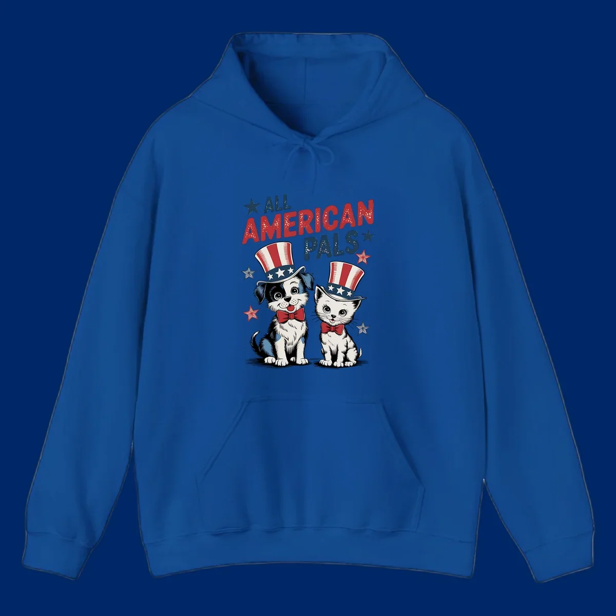 Illustration of a puppy and kitten wearing Uncle Sam hats and bow ties, with the text 'ALL AMERICAN PALS' and stars. A patriotic all-american-pals design.