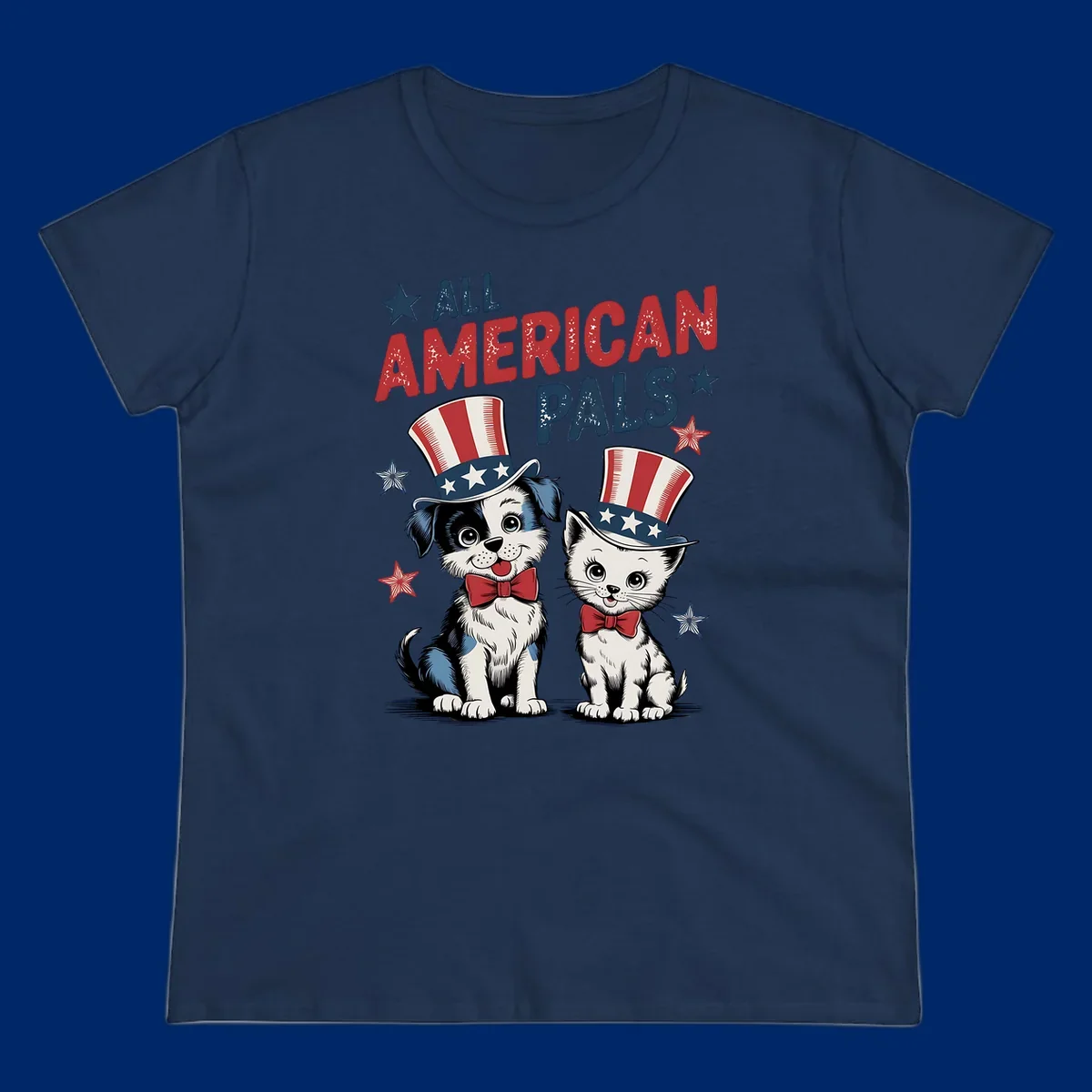 Illustration of a puppy and kitten wearing Uncle Sam hats and bow ties, with the text 'ALL AMERICAN PALS' and stars. A patriotic all-american-pals design.