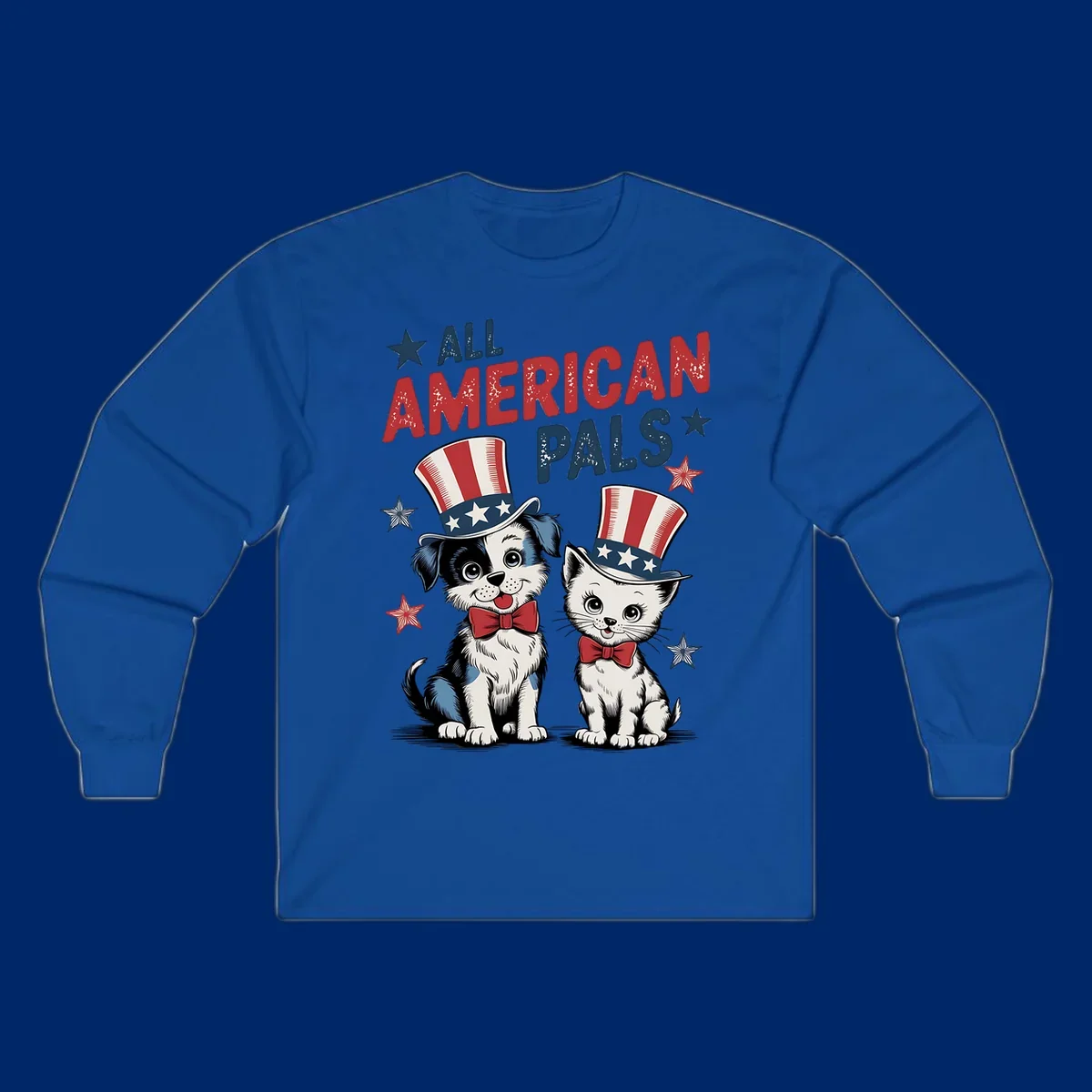 Illustration of a puppy and kitten wearing Uncle Sam hats and bow ties, with the text 'ALL AMERICAN PALS' and stars. A patriotic all-american-pals design.