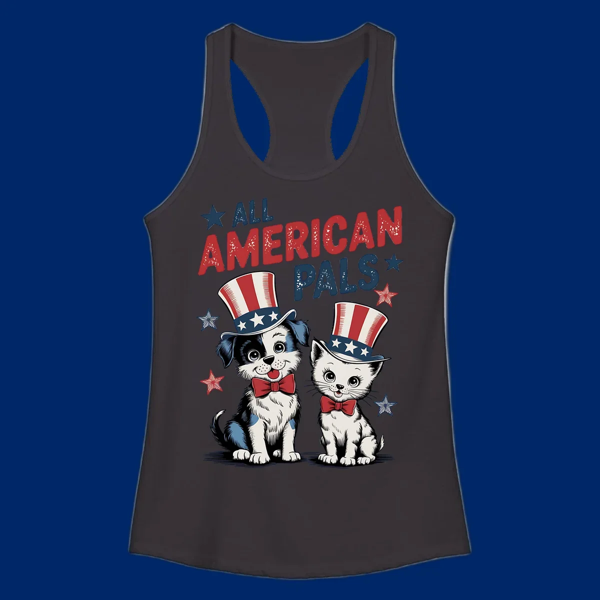 Illustration of a puppy and kitten wearing Uncle Sam hats and bow ties, with the text 'ALL AMERICAN PALS' and stars. A patriotic all-american-pals design.