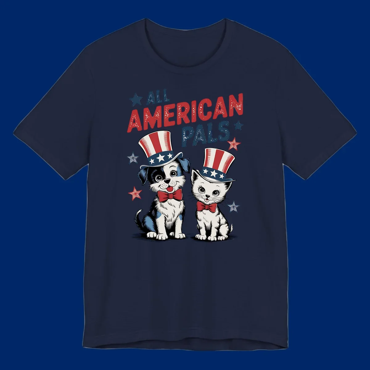 Illustration of a puppy and kitten wearing Uncle Sam hats and bow ties, with the text 'ALL AMERICAN PALS' and stars. A patriotic all-american-pals design.