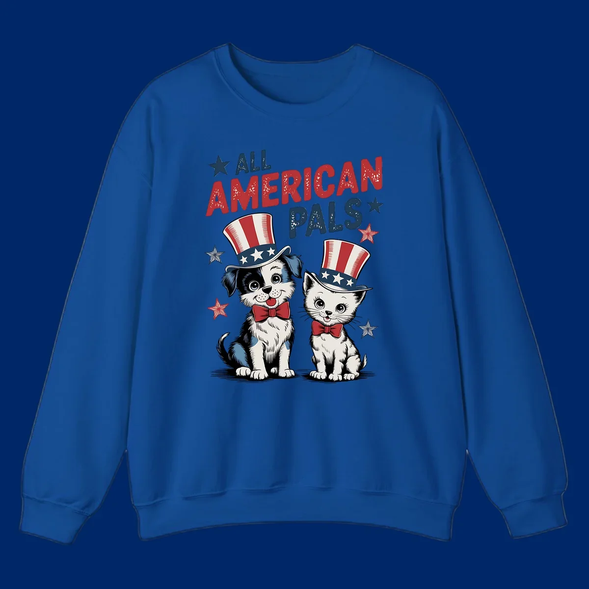 Illustration of a puppy and kitten wearing Uncle Sam hats and bow ties, with the text 'ALL AMERICAN PALS' and stars. A patriotic all-american-pals design.