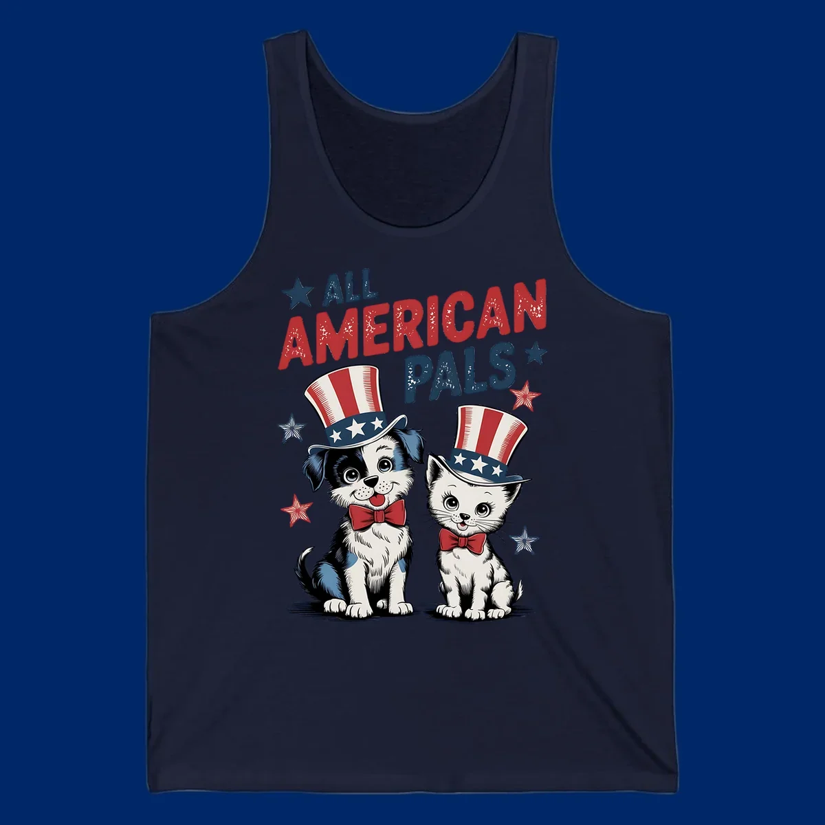 Illustration of a puppy and kitten wearing Uncle Sam hats and bow ties, with the text 'ALL AMERICAN PALS' and stars. A patriotic all-american-pals design.