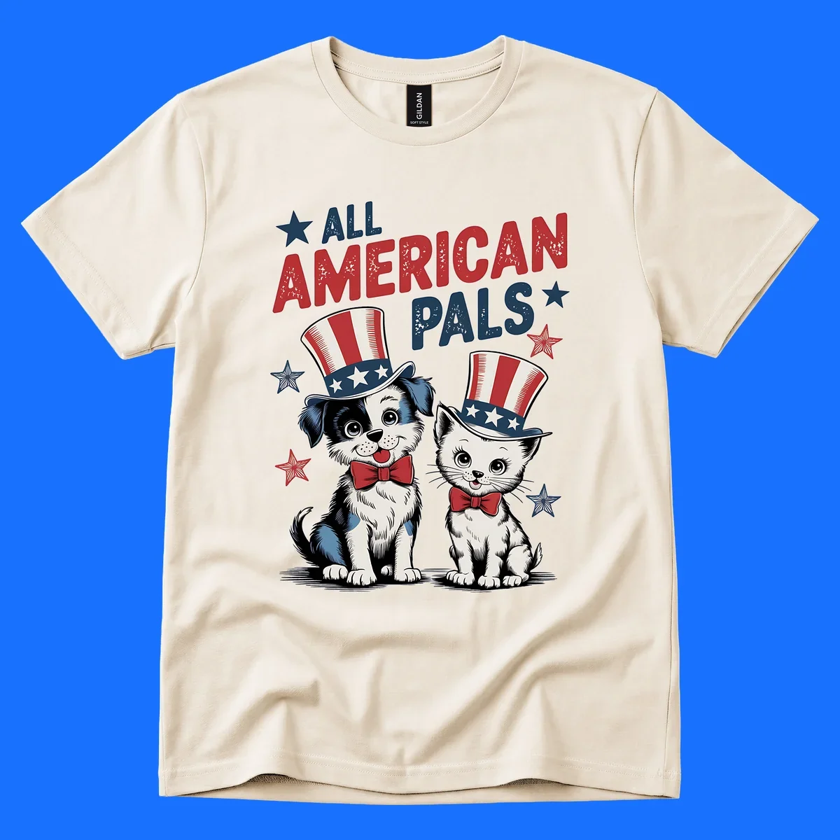 Illustration of a puppy and kitten wearing Uncle Sam hats and bow ties, with the text 'ALL AMERICAN PALS' and stars. A patriotic all-american-pals design.