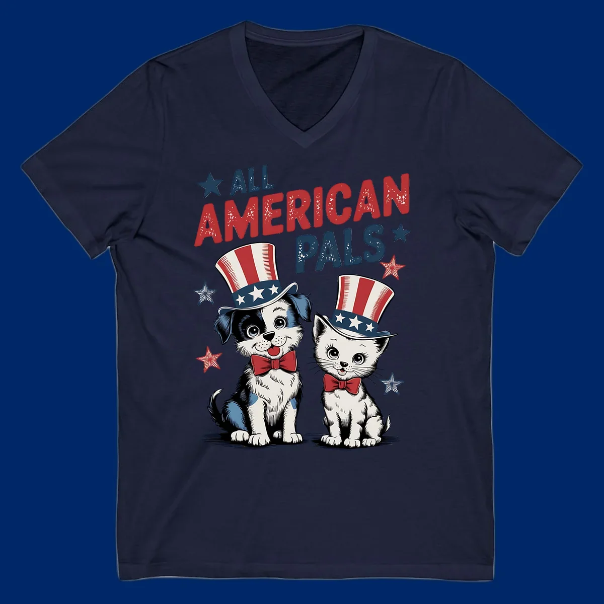 Illustration of a puppy and kitten wearing Uncle Sam hats and bow ties, with the text 'ALL AMERICAN PALS' and stars. A patriotic all-american-pals design.