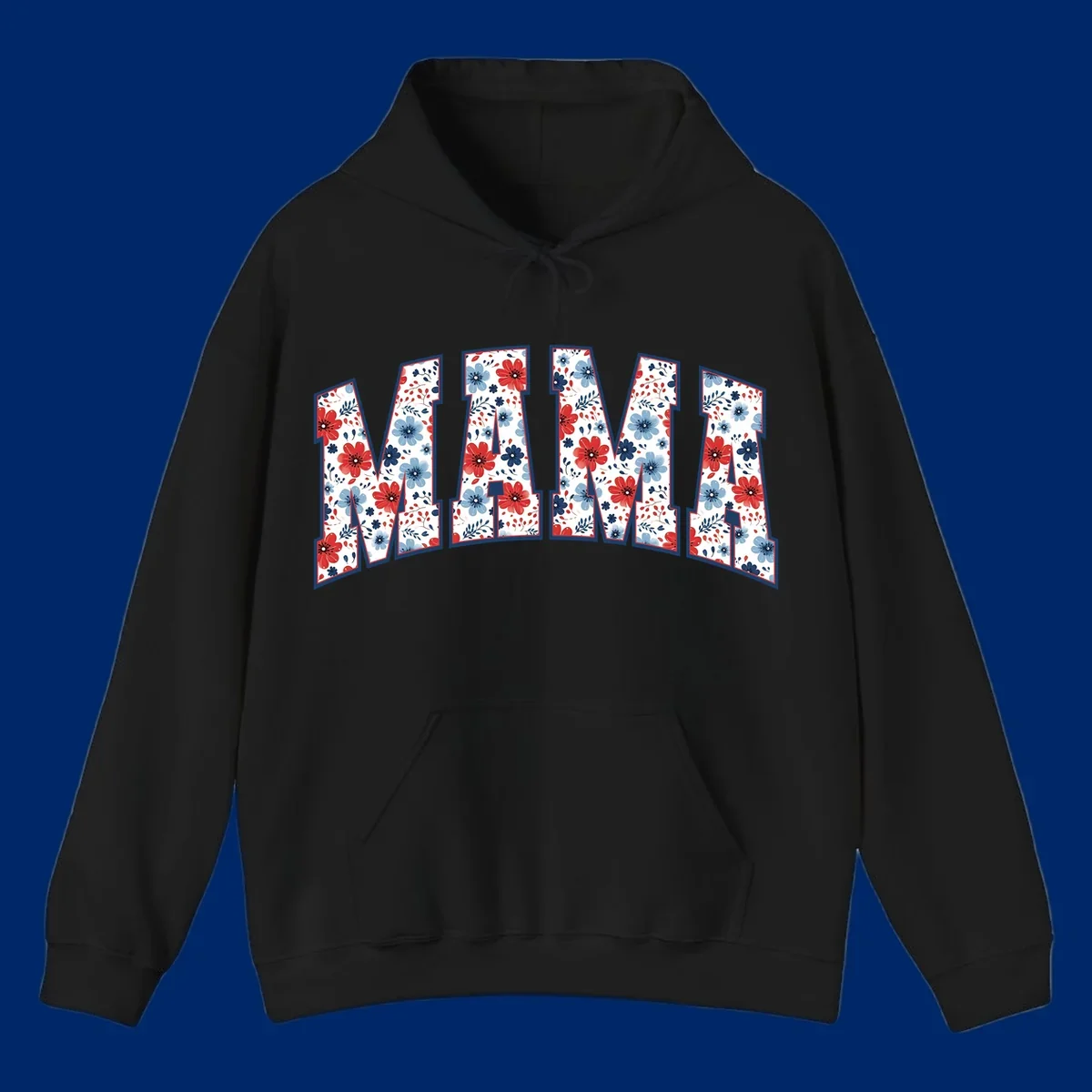 The word MAMA spelled out in large letters, filled with a patriotic floral design of red and blue flowers and leaves, outlined in navy. This mama-patriotic-floral-design celebrates American heritage.