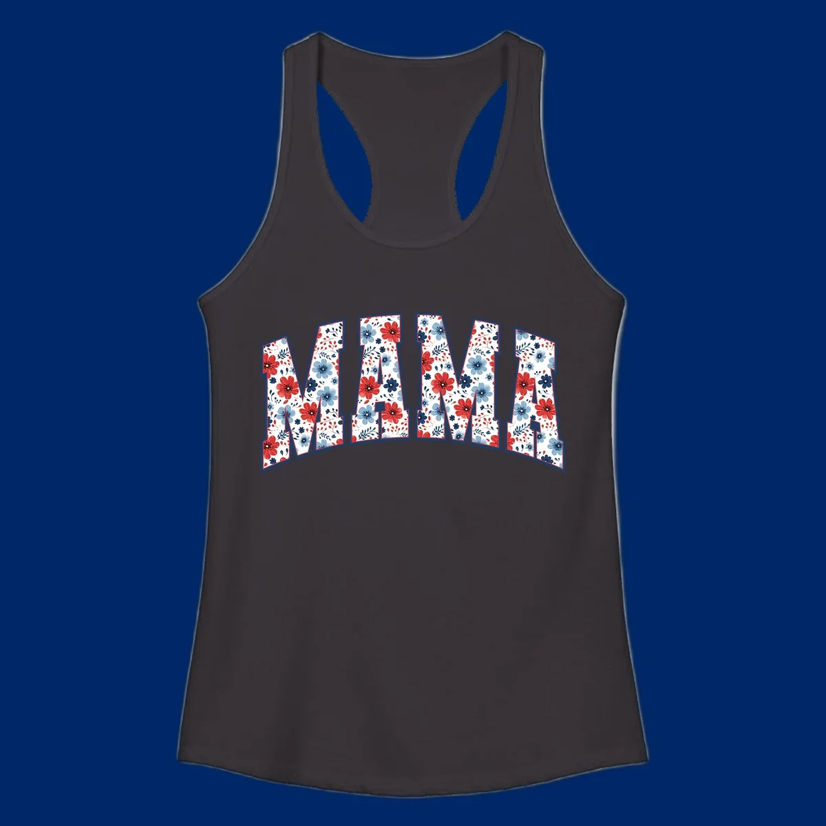 The word MAMA spelled out in large letters, filled with a patriotic floral design of red and blue flowers and leaves, outlined in navy. This mama-patriotic-floral-design celebrates American heritage.