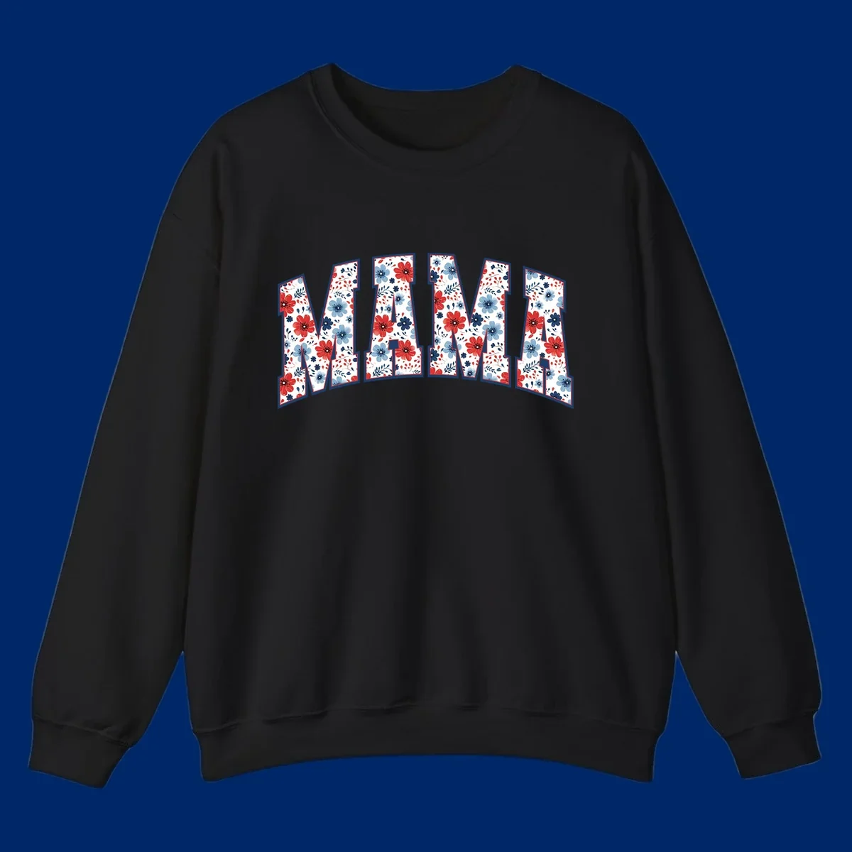 The word MAMA spelled out in large letters, filled with a patriotic floral design of red and blue flowers and leaves, outlined in navy. This mama-patriotic-floral-design celebrates American heritage.