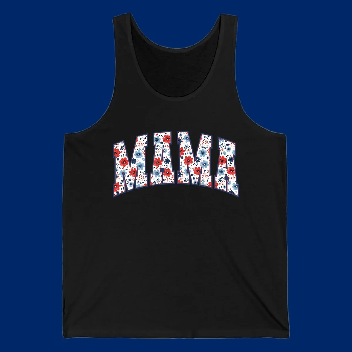The word MAMA spelled out in large letters, filled with a patriotic floral design of red and blue flowers and leaves, outlined in navy. This mama-patriotic-floral-design celebrates American heritage.