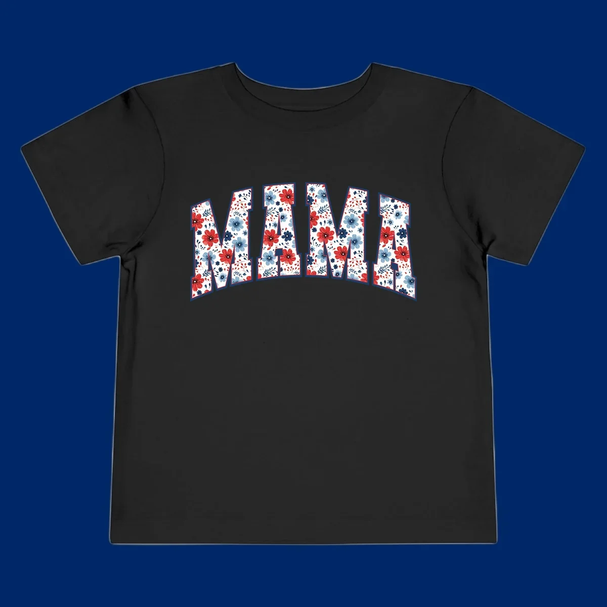 The word MAMA spelled out in large letters, filled with a patriotic floral design of red and blue flowers and leaves, outlined in navy. This mama-patriotic-floral-design celebrates American heritage.