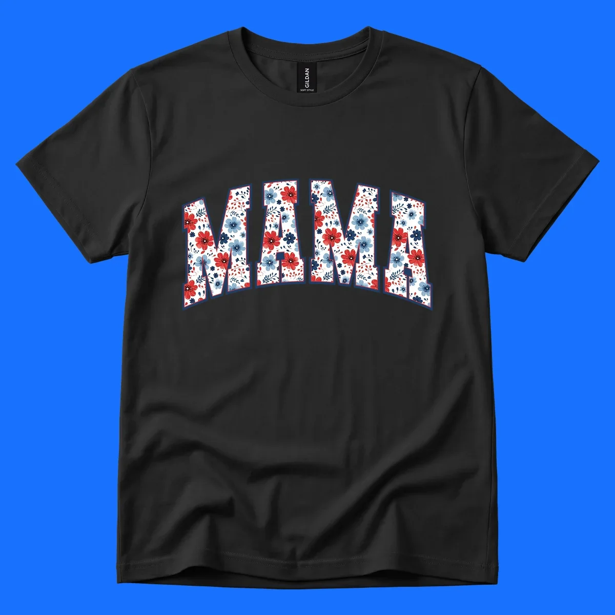 The word MAMA spelled out in large letters, filled with a patriotic floral design of red and blue flowers and leaves, outlined in navy. This mama-patriotic-floral-design celebrates American heritage.