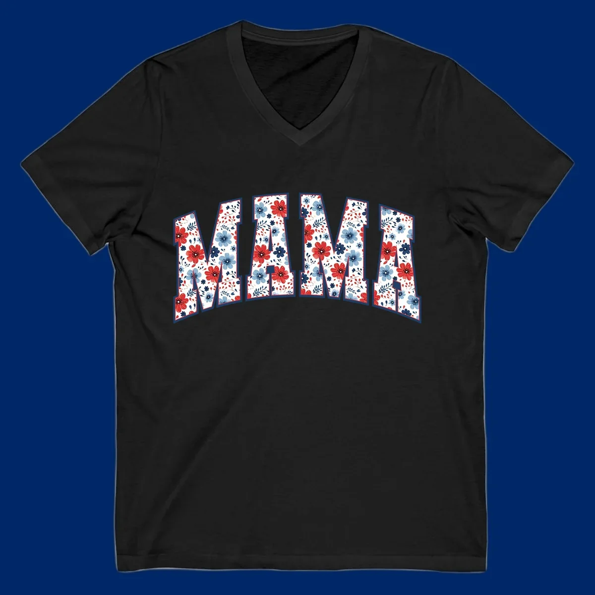 The word MAMA spelled out in large letters, filled with a patriotic floral design of red and blue flowers and leaves, outlined in navy. This mama-patriotic-floral-design celebrates American heritage.