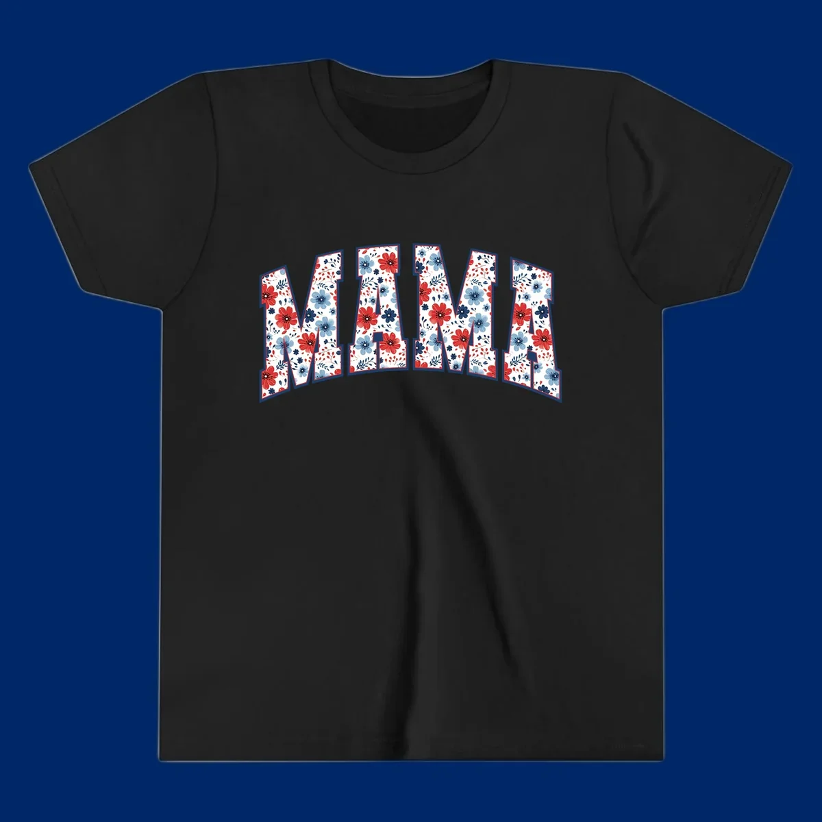 The word MAMA spelled out in large letters, filled with a patriotic floral design of red and blue flowers and leaves, outlined in navy. This mama-patriotic-floral-design celebrates American heritage.