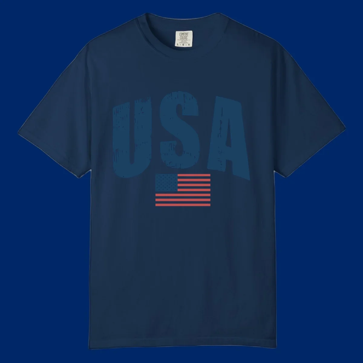A design featuring the distressed dark blue letters 'USA' stacked above an American flag, representing usa-flag-distressed-patriotic.