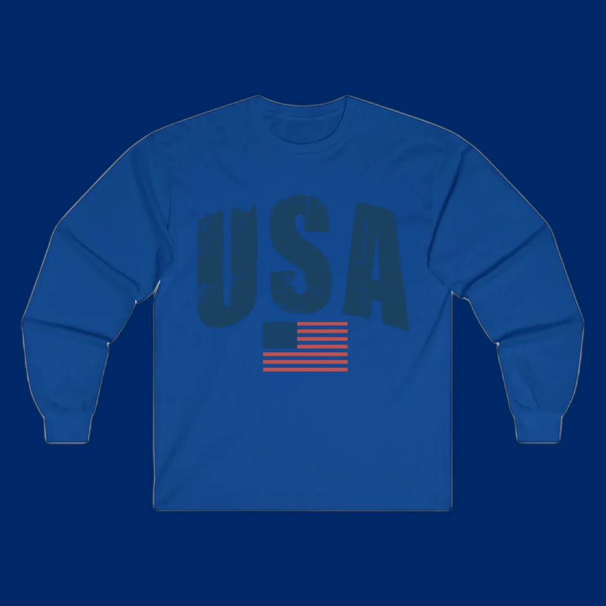 A design featuring the distressed dark blue letters 'USA' stacked above an American flag, representing usa-flag-distressed-patriotic.