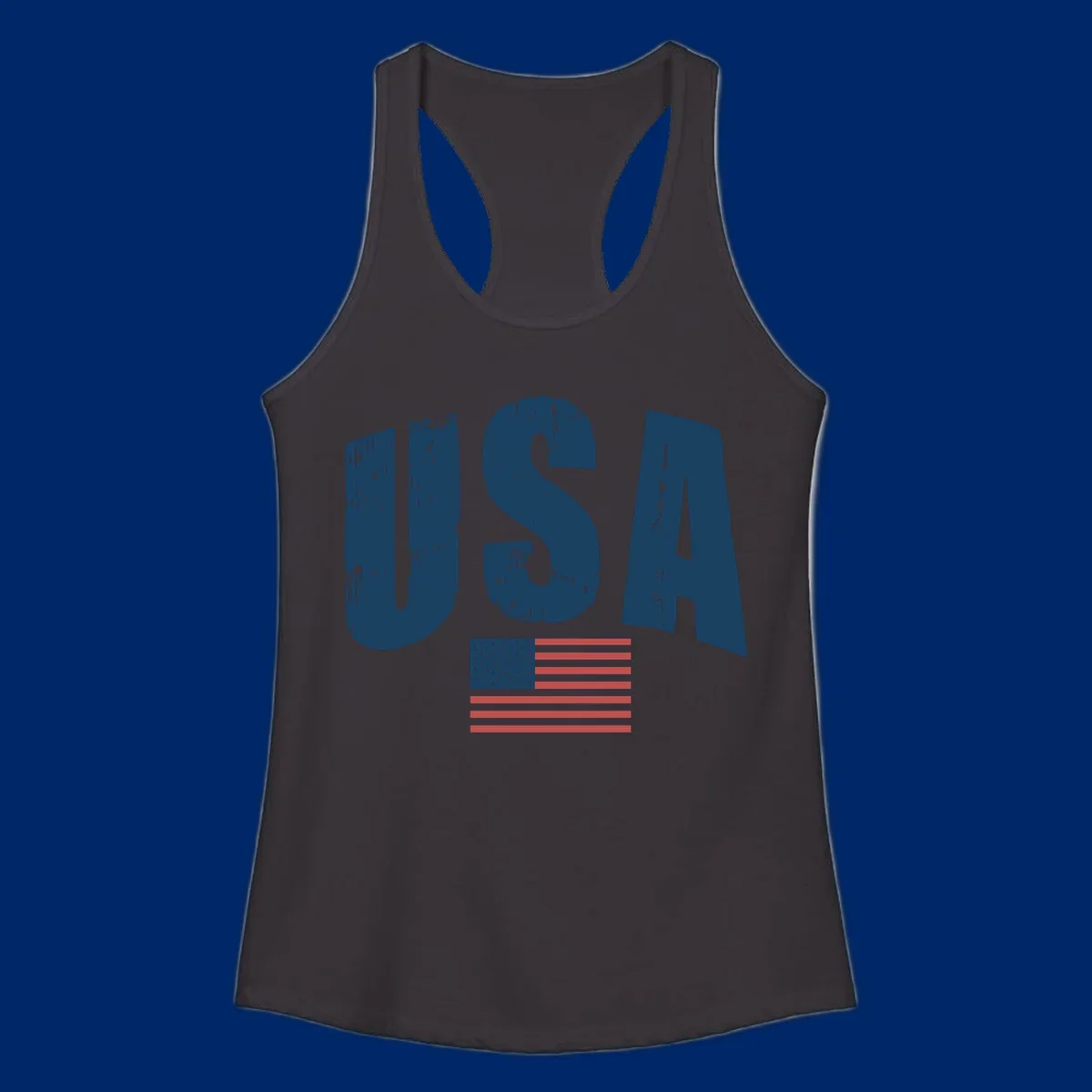 A design featuring the distressed dark blue letters 'USA' stacked above an American flag, representing usa-flag-distressed-patriotic.