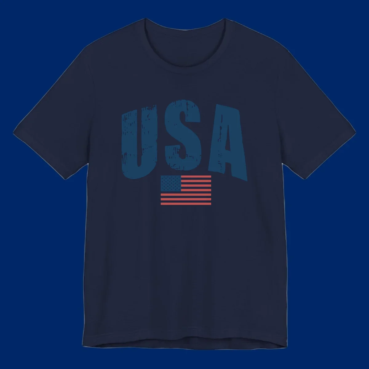 A design featuring the distressed dark blue letters 'USA' stacked above an American flag, representing usa-flag-distressed-patriotic.