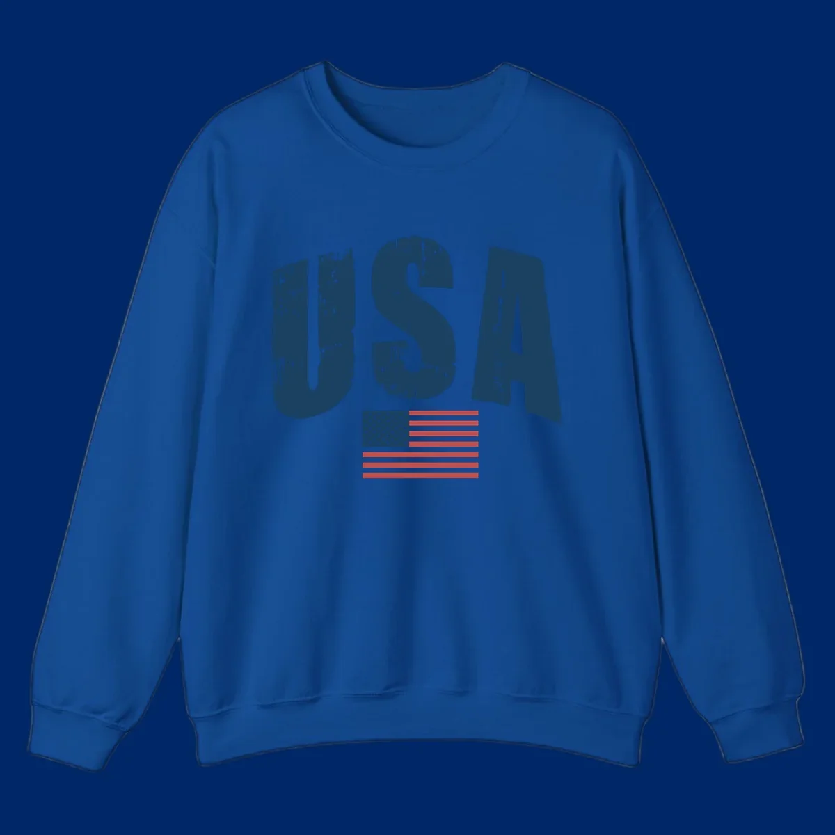 A design featuring the distressed dark blue letters 'USA' stacked above an American flag, representing usa-flag-distressed-patriotic.