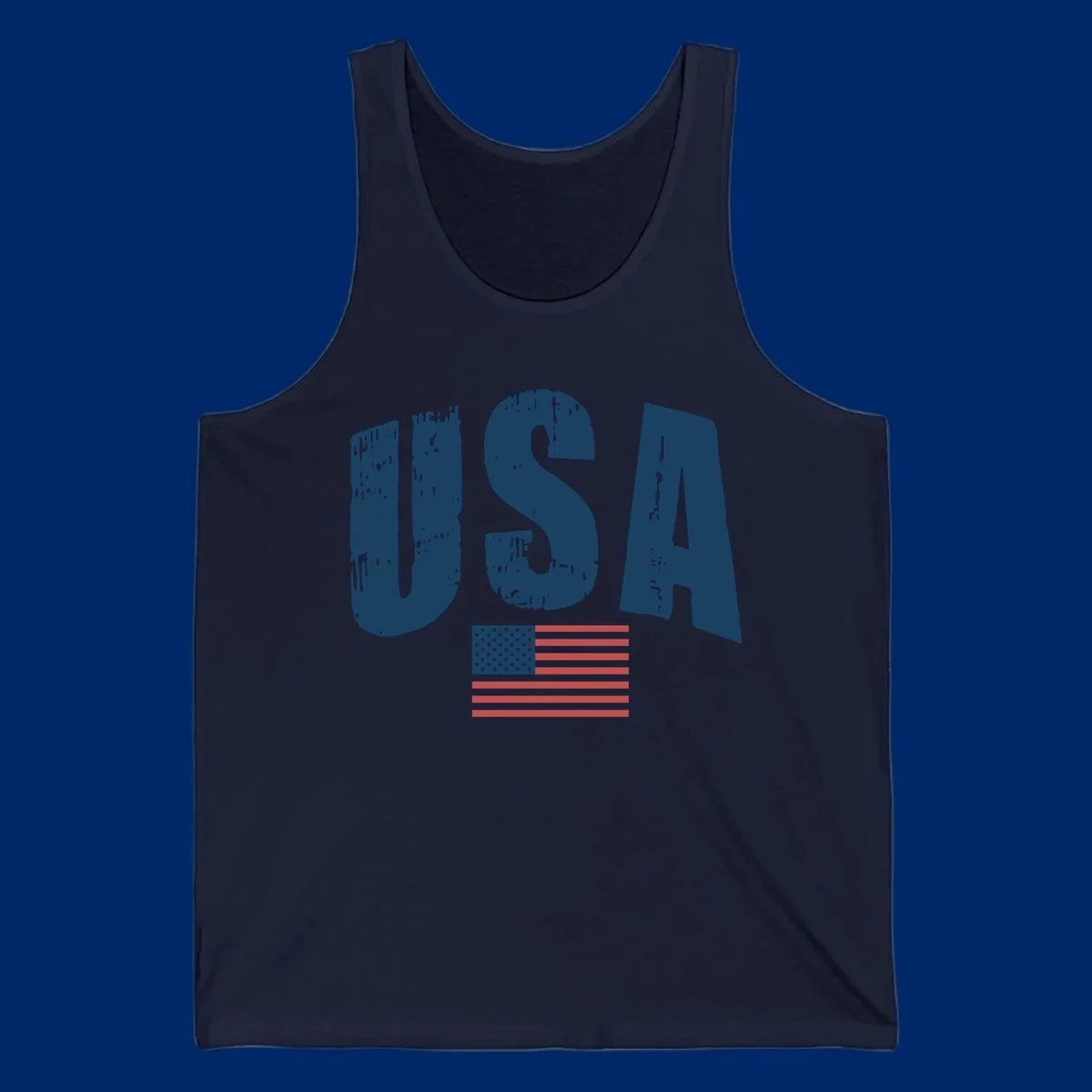 A design featuring the distressed dark blue letters 'USA' stacked above an American flag, representing usa-flag-distressed-patriotic.