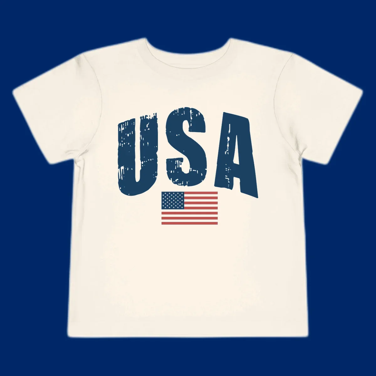 A design featuring the distressed dark blue letters 'USA' stacked above an American flag, representing usa-flag-distressed-patriotic.