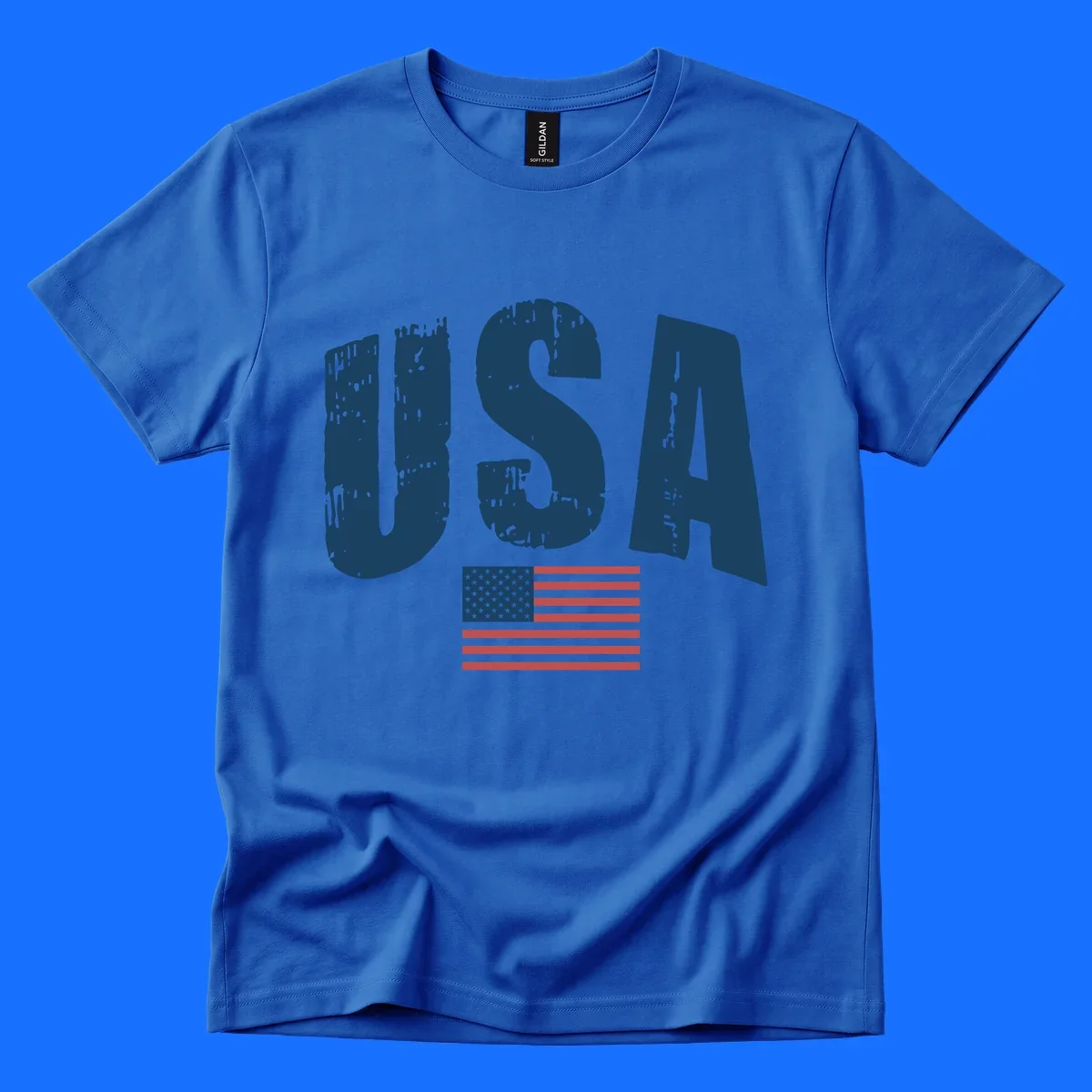 A design featuring the distressed dark blue letters 'USA' stacked above an American flag, representing usa-flag-distressed-patriotic.