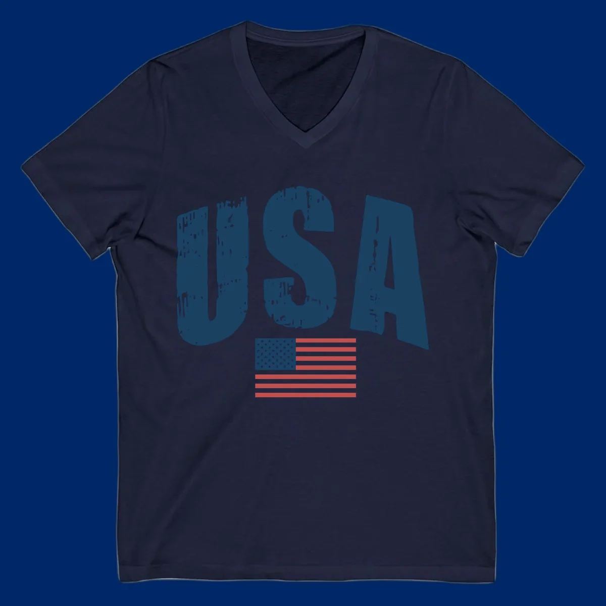 A design featuring the distressed dark blue letters 'USA' stacked above an American flag, representing usa-flag-distressed-patriotic.