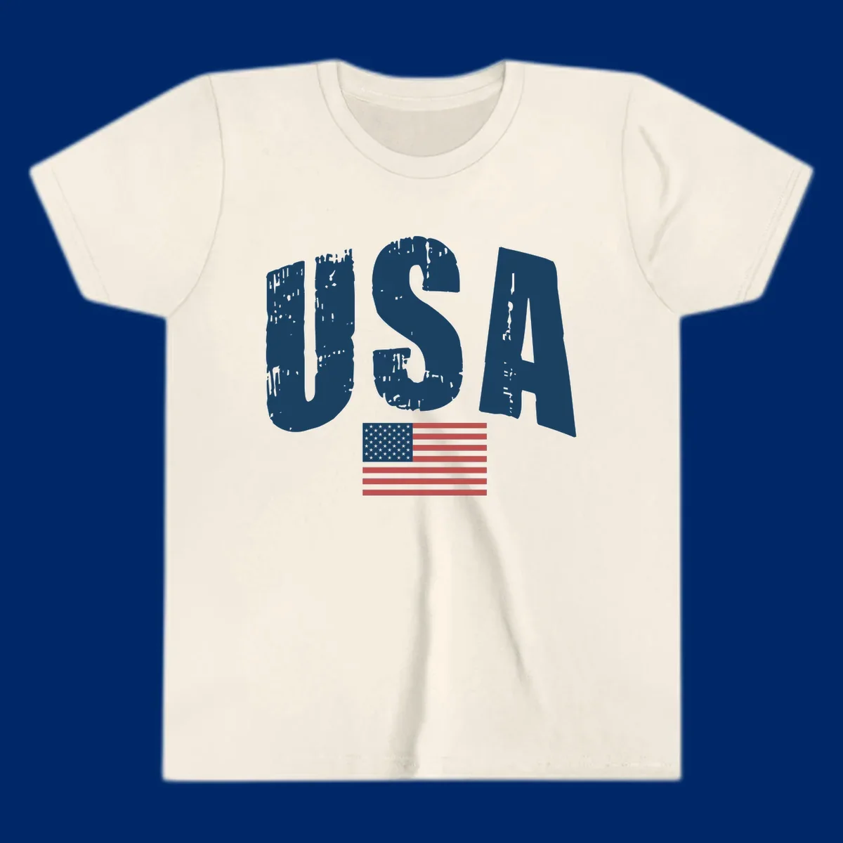 A design featuring the distressed dark blue letters 'USA' stacked above an American flag, representing usa-flag-distressed-patriotic.