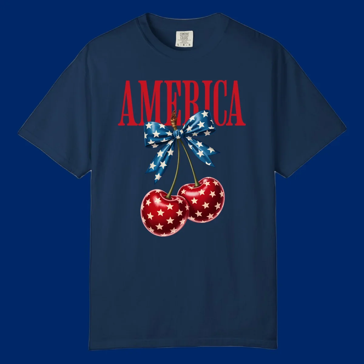 The word AMERICA in red above two red, white, and blue star-spangled cherries tied with a star bow. Features america-patriotic-cherries.