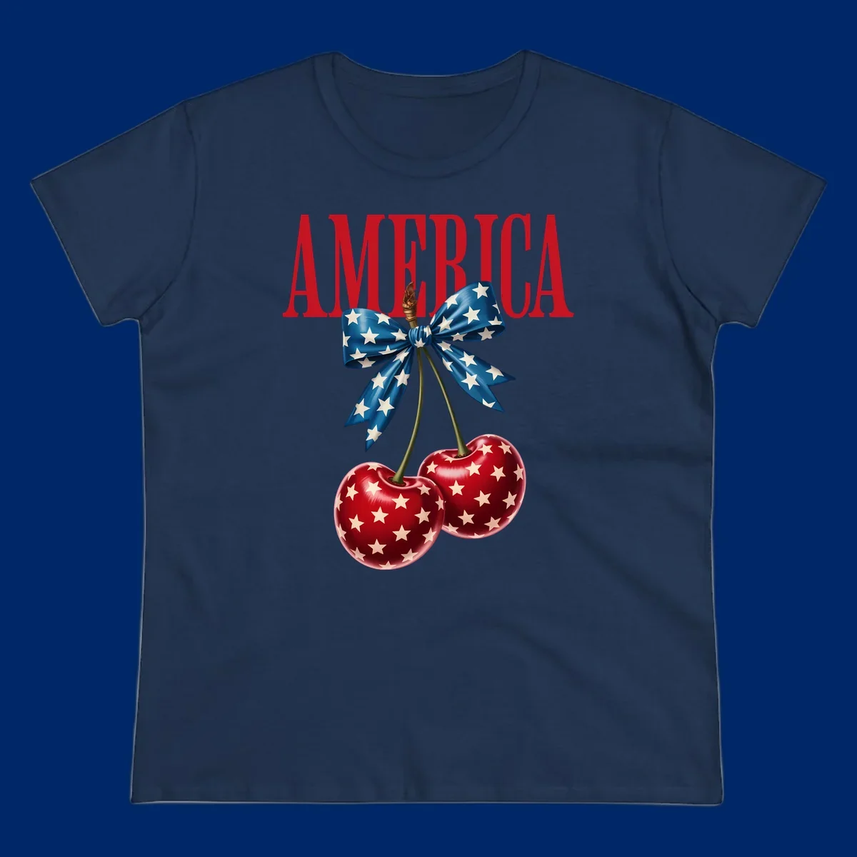 The word AMERICA in red above two red, white, and blue star-spangled cherries tied with a star bow. Features america-patriotic-cherries.