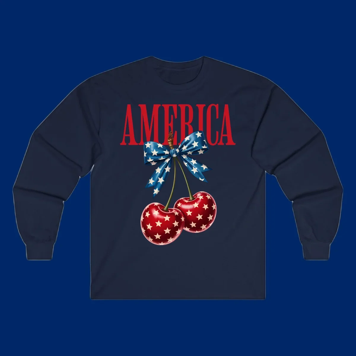 The word AMERICA in red above two red, white, and blue star-spangled cherries tied with a star bow. Features america-patriotic-cherries.