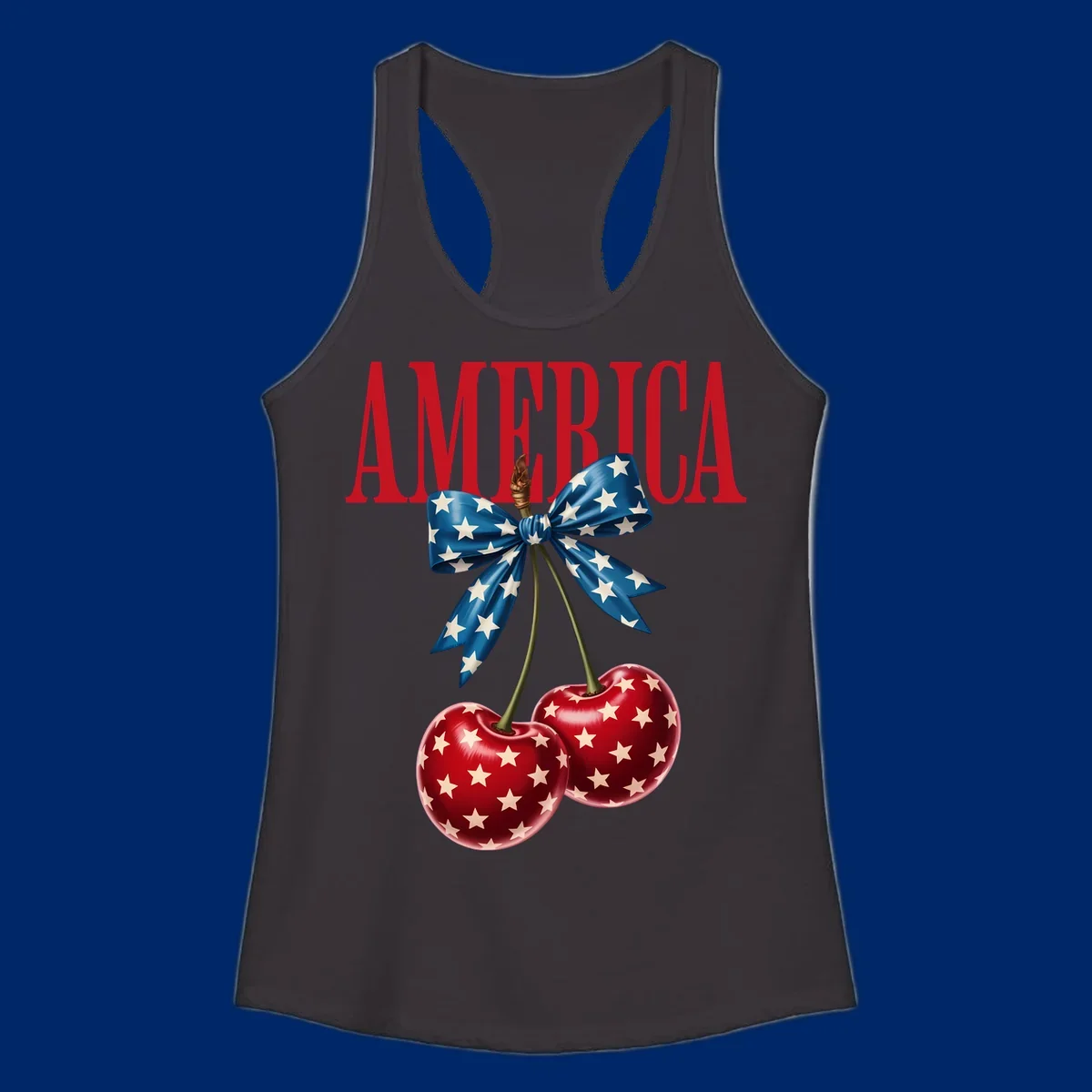 The word AMERICA in red above two red, white, and blue star-spangled cherries tied with a star bow. Features america-patriotic-cherries.