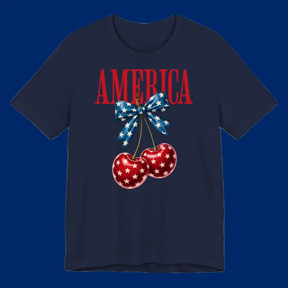 The word AMERICA in red above two red, white, and blue star-spangled cherries tied with a star bow. Features america-patriotic-cherries.