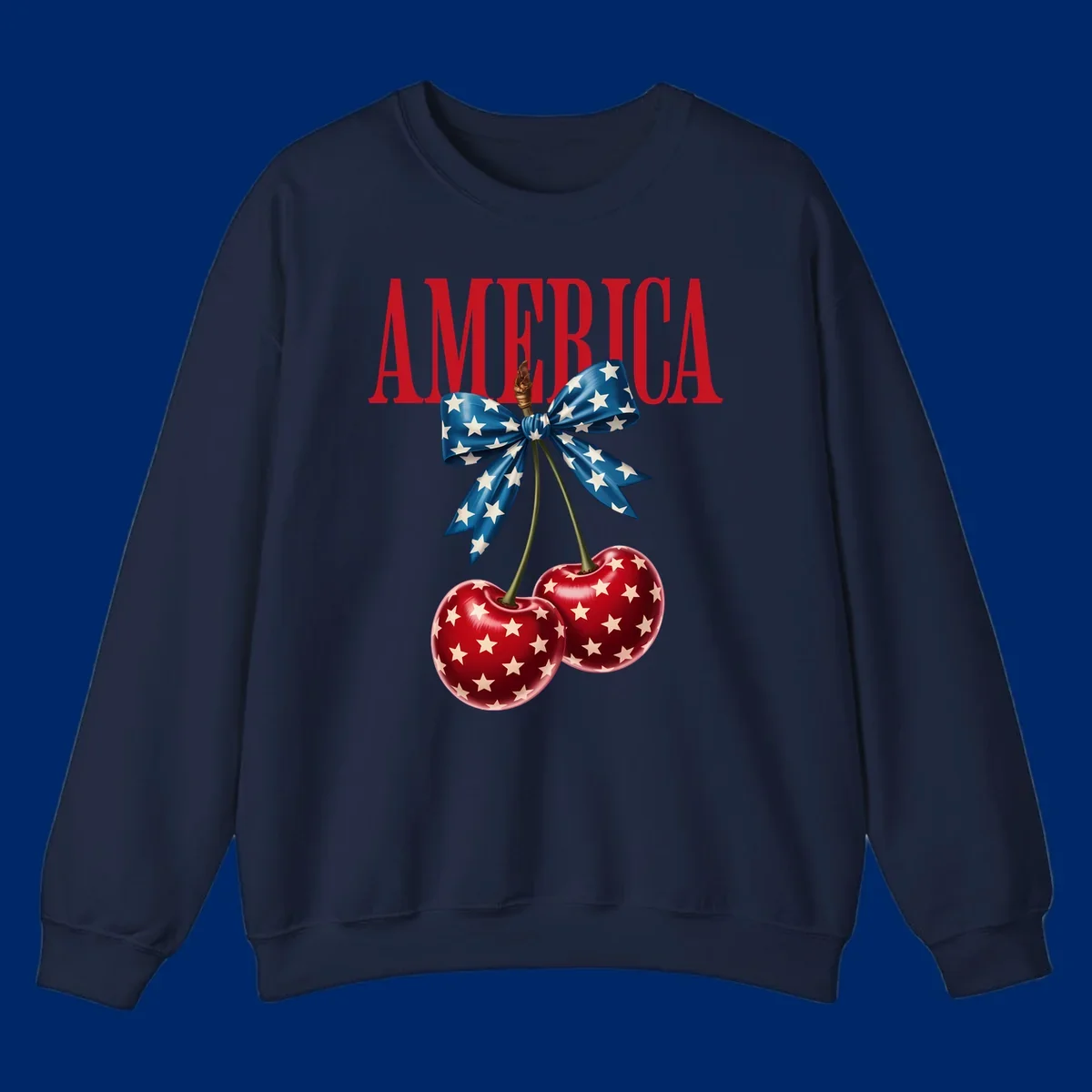 The word AMERICA in red above two red, white, and blue star-spangled cherries tied with a star bow. Features america-patriotic-cherries.