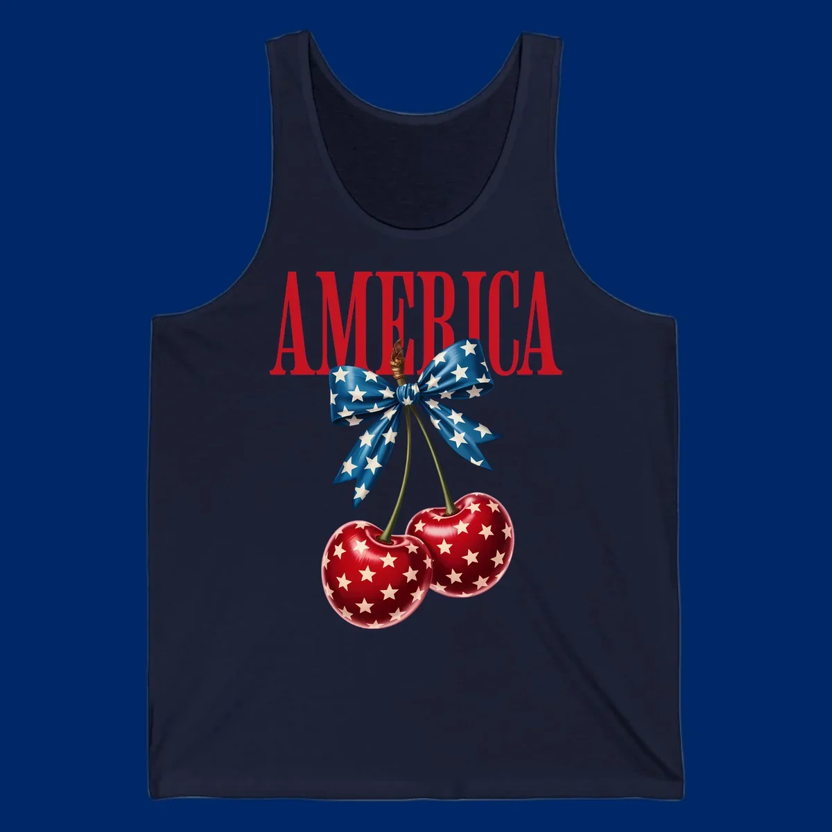 The word AMERICA in red above two red, white, and blue star-spangled cherries tied with a star bow. Features america-patriotic-cherries.