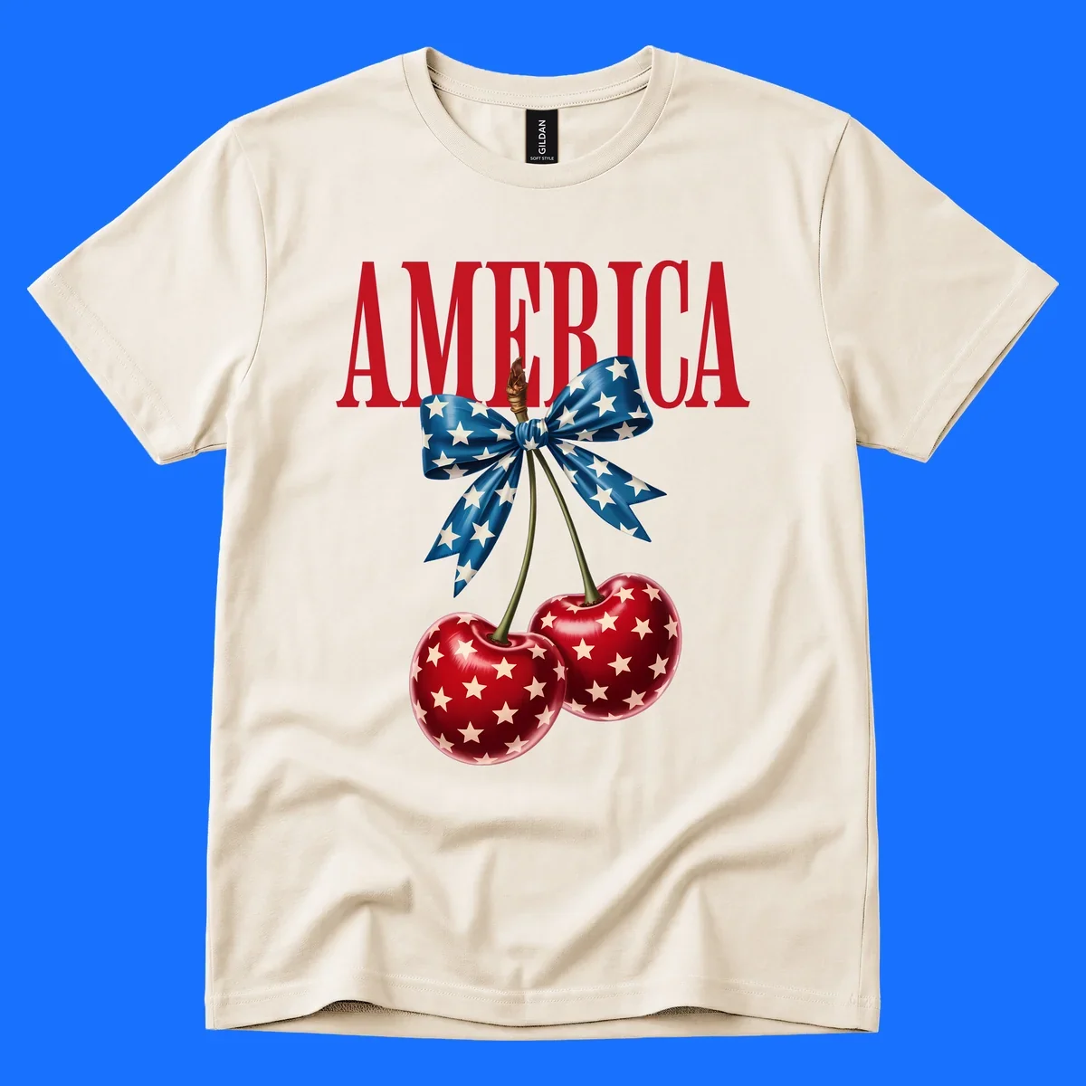 The word AMERICA in red above two red, white, and blue star-spangled cherries tied with a star bow. Features america-patriotic-cherries.