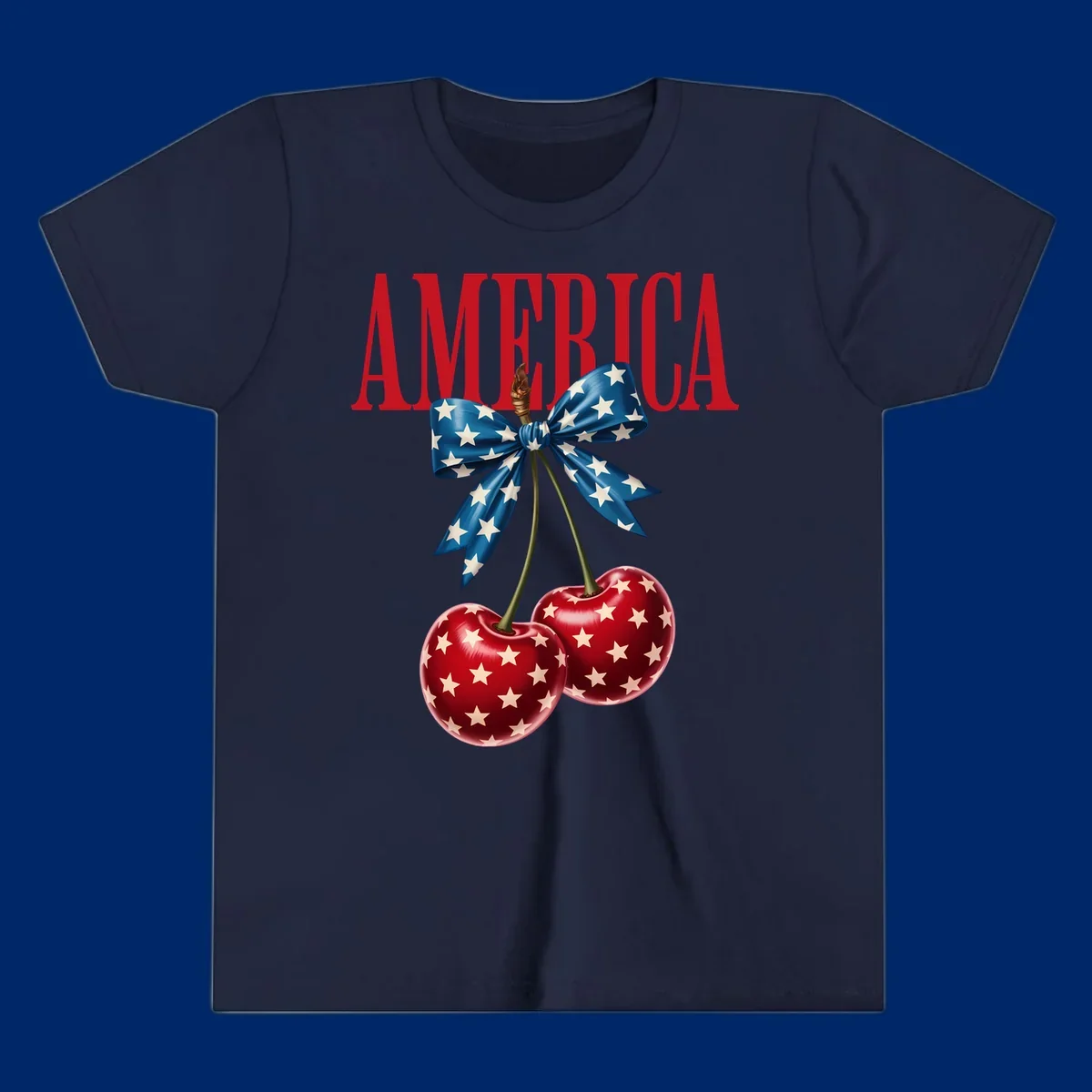 The word AMERICA in red above two red, white, and blue star-spangled cherries tied with a star bow. Features america-patriotic-cherries.