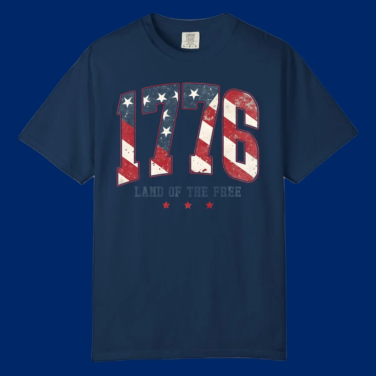 Vintage distressed design featuring the number 1776 in American flag colors and 'LAND OF THE FREE' text, celebrating America's history.