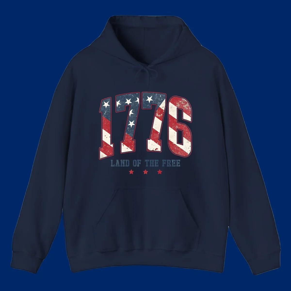 Vintage distressed design featuring the number 1776 in American flag colors and 'LAND OF THE FREE' text, celebrating America's history.