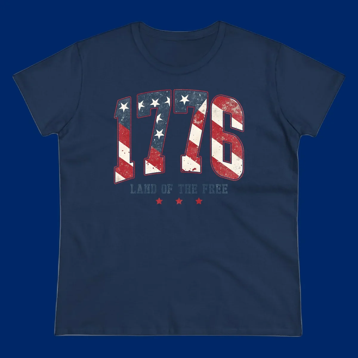 Vintage distressed design featuring the number 1776 in American flag colors and 'LAND OF THE FREE' text, celebrating America's history.