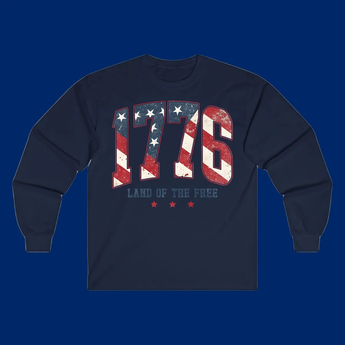 Vintage distressed design featuring the number 1776 in American flag colors and 'LAND OF THE FREE' text, celebrating America's history.