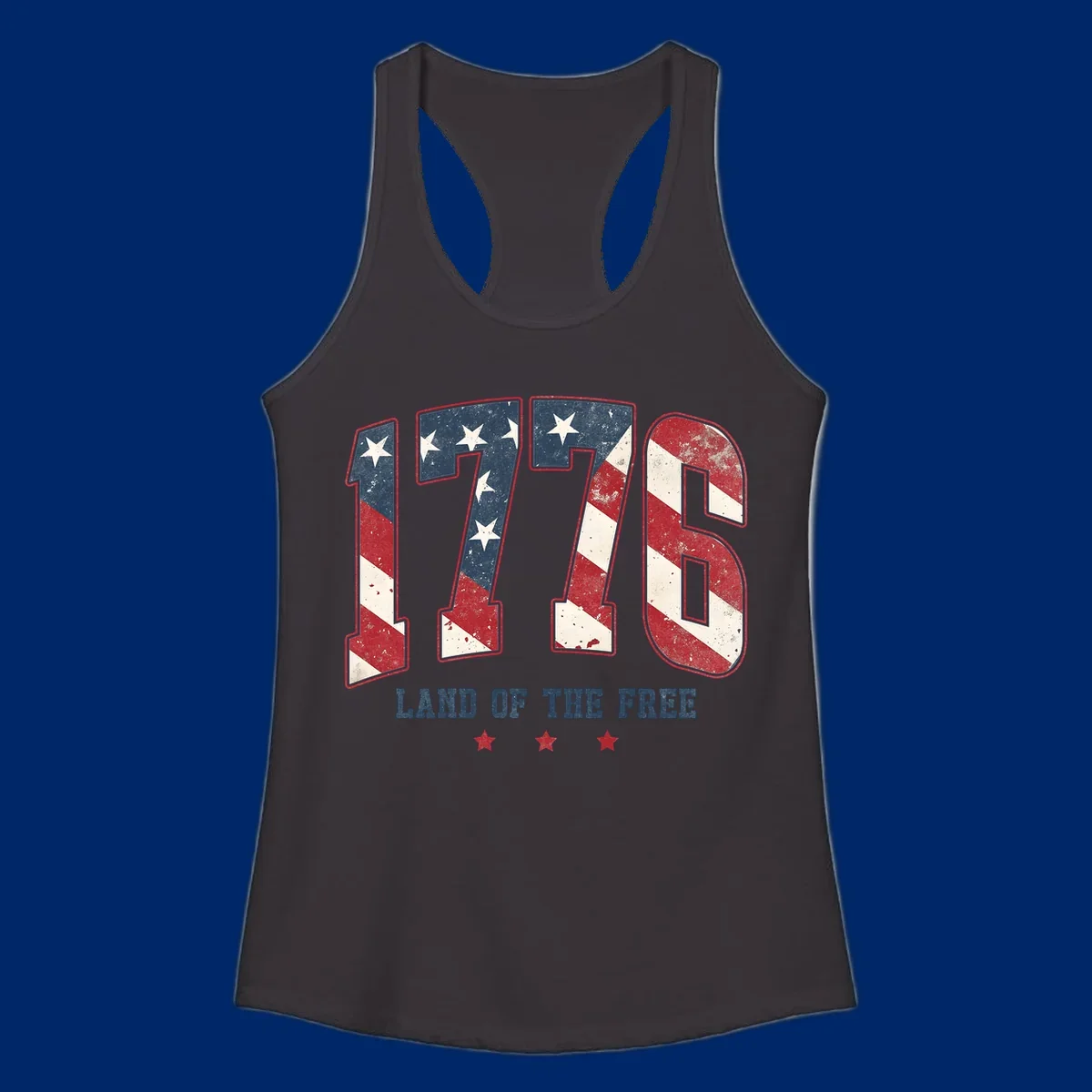 Vintage distressed design featuring the number 1776 in American flag colors and 'LAND OF THE FREE' text, celebrating America's history.