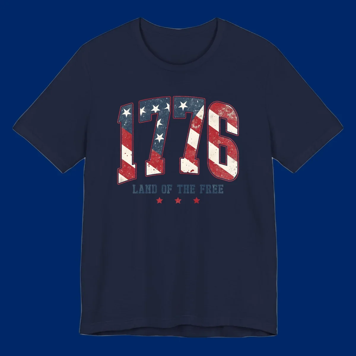 Vintage distressed design featuring the number 1776 in American flag colors and 'LAND OF THE FREE' text, celebrating America's history.