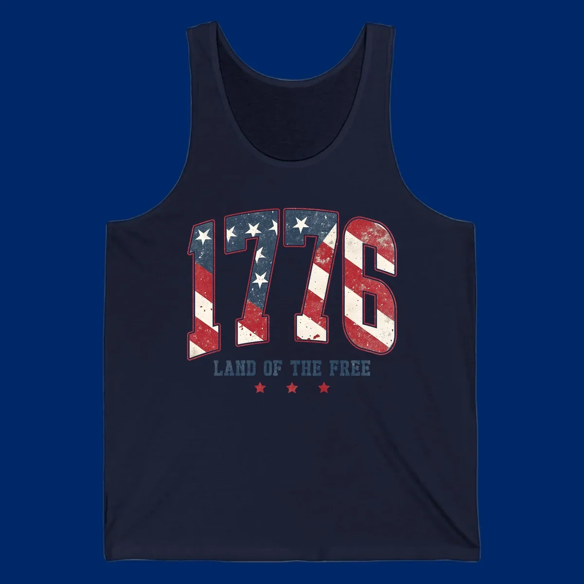 Vintage distressed design featuring the number 1776 in American flag colors and 'LAND OF THE FREE' text, celebrating America's history.