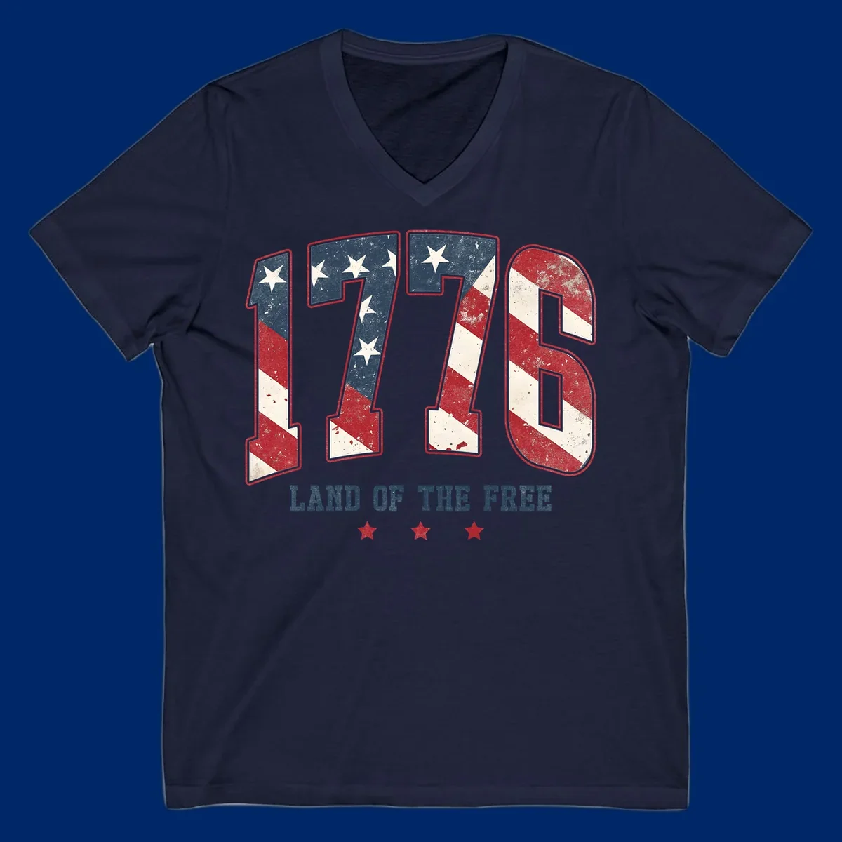 Vintage distressed design featuring the number 1776 in American flag colors and 'LAND OF THE FREE' text, celebrating America's history.