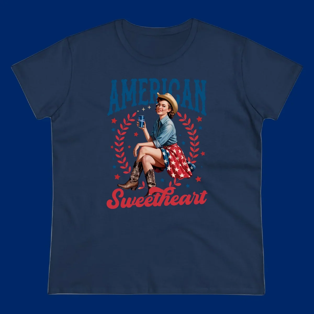 A vintage American sweetheart pin-up girl wearing a cowboy hat and American flag skirt, holding a Coca-Cola can, framed by leaves and stars, with 'AMERICAN Sweetheart' text. This american-sweetheart-pin-up design is perfect for celebrating.