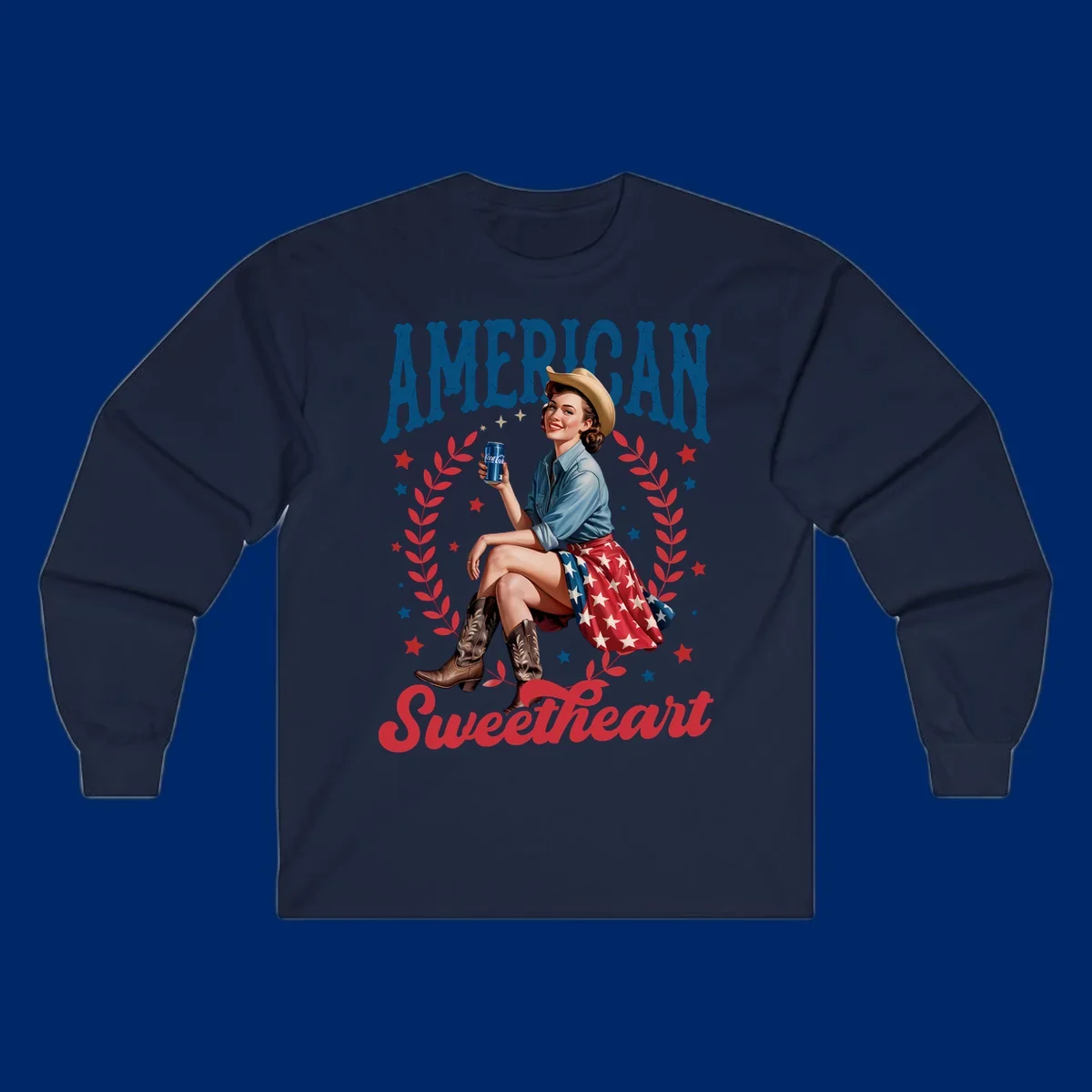 A vintage American sweetheart pin-up girl wearing a cowboy hat and American flag skirt, holding a Coca-Cola can, framed by leaves and stars, with 'AMERICAN Sweetheart' text. This american-sweetheart-pin-up design is perfect for celebrating.